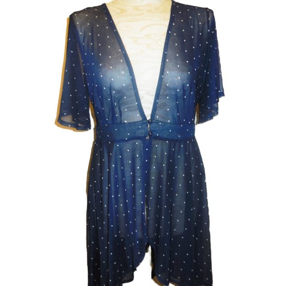 Blouse NEW Blue Polka Dot Sheer Cardigan Duster Top Short Sleeve blue shrug - Picture 3 of 9